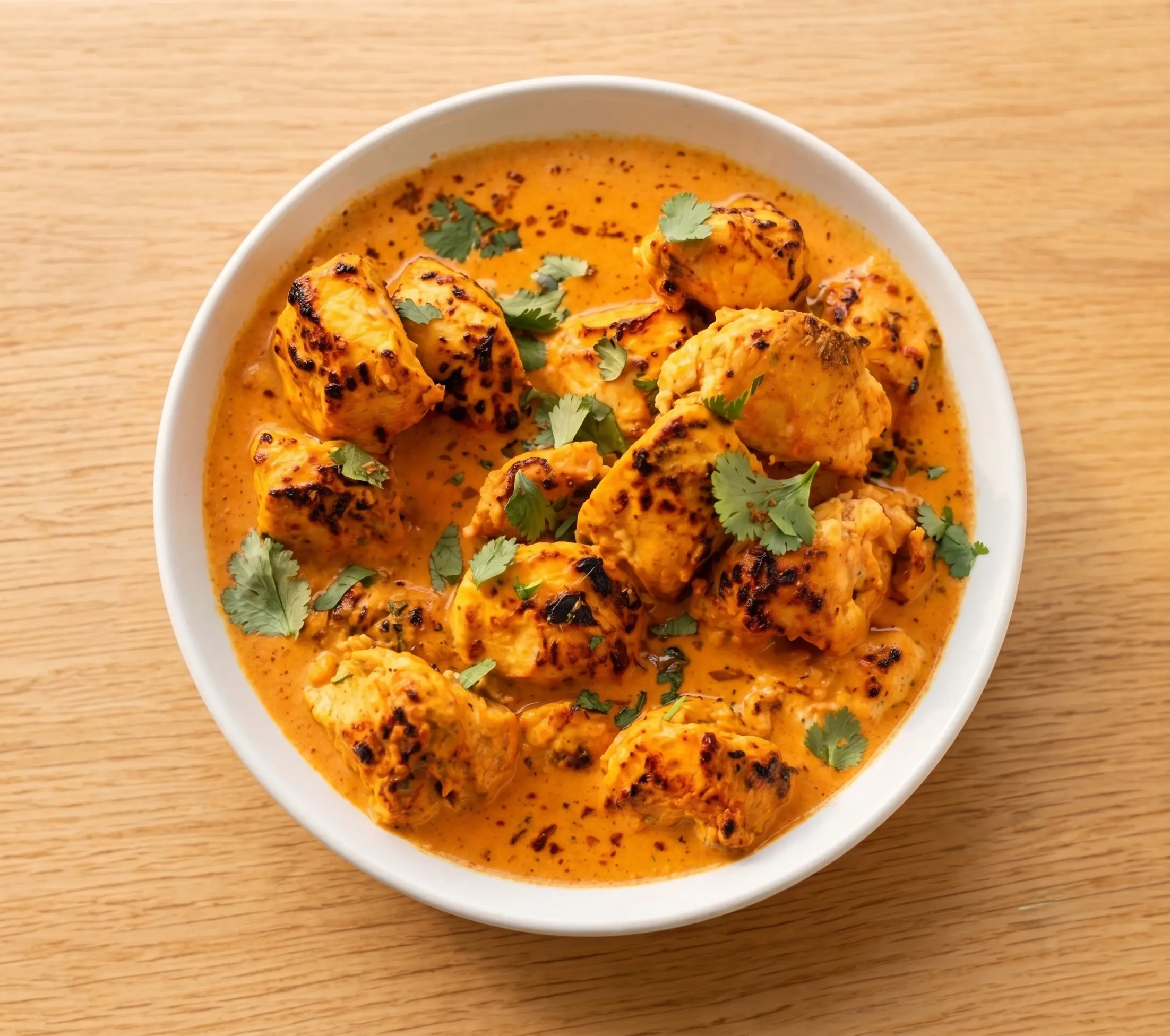Butter chicken curry served with garlic naan at Rockfort Authentic Chettinadu and Indian Cuisine in Calgary, AB